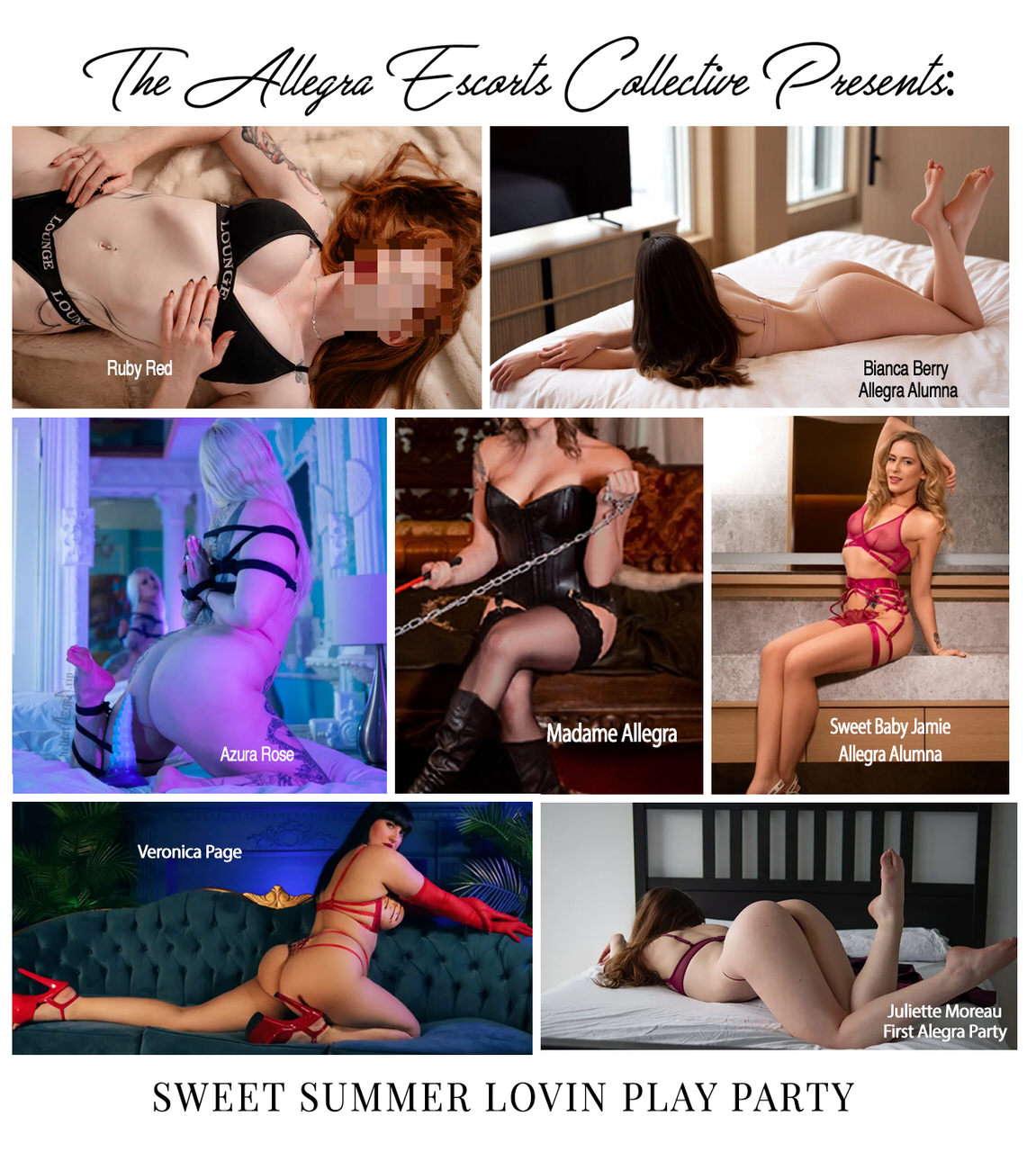 Promotional collage for The Allegra Escorts Collective featuring seven models in lingerie posing in various settings, with names shown and caption 'Sweet Summer Lovin Play Party'.