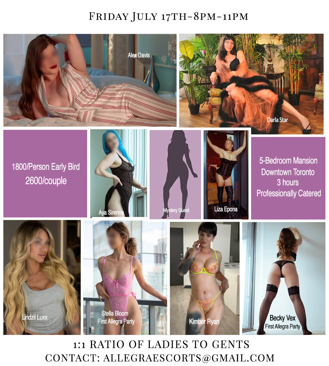 Promotional collage for an escort event: multiple photos of women with names and a central banner listing Friday July 17th 8PM–11PM, plus booking details at the bottom.